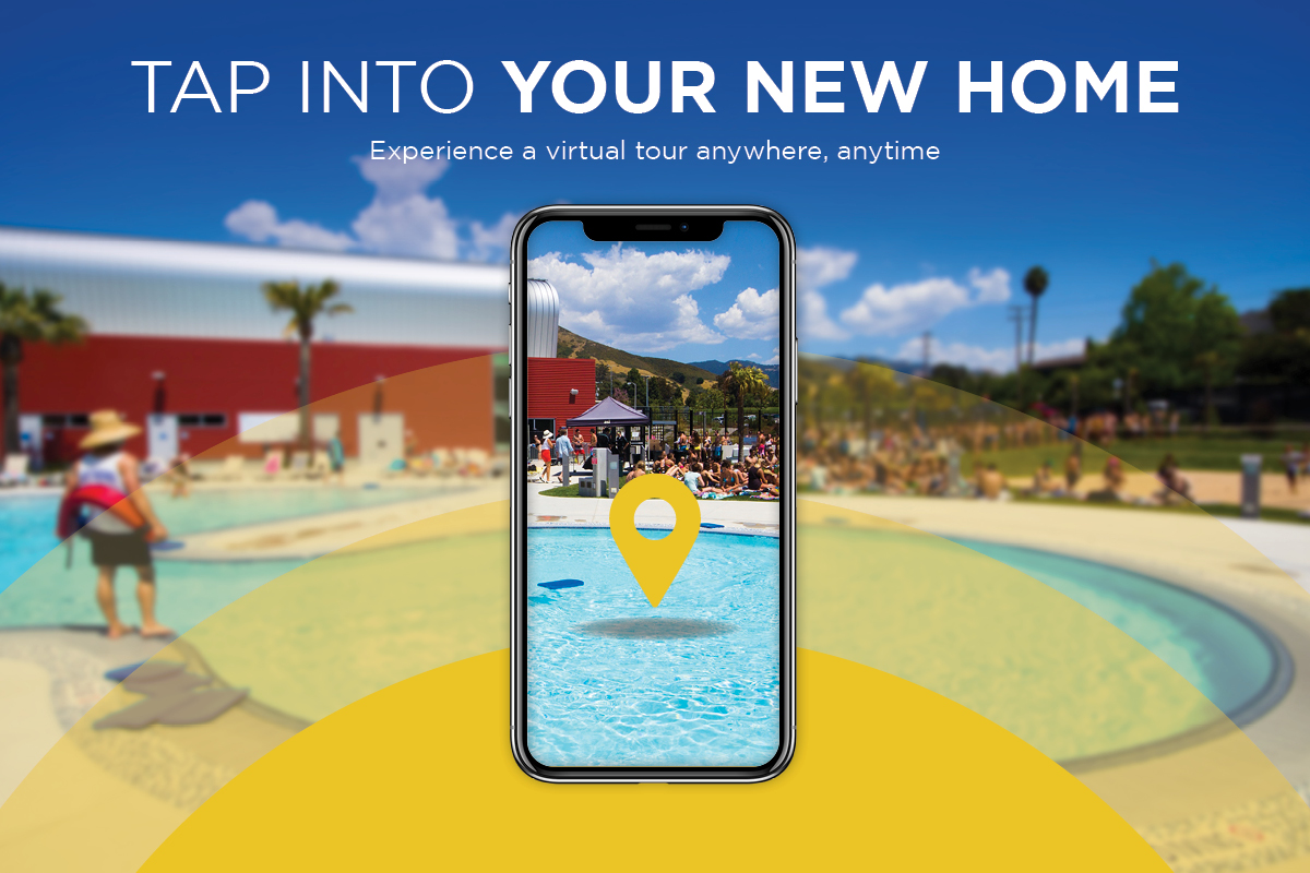 Tap into your new home. Experience a virtual tour anywhere, anytime, over an image of the Recreation Center Lap Pool
